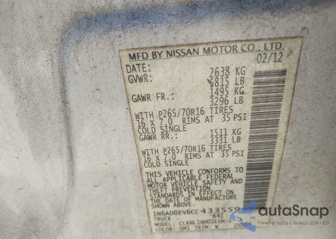 2012 Nissan Frontier S from USA, damaged, VIN 1N6AD0EV6CC433559